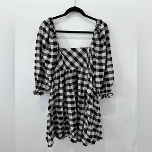 Storia Women’s Gingham Babydoll Plaid Mini Dress with Square Neck - S